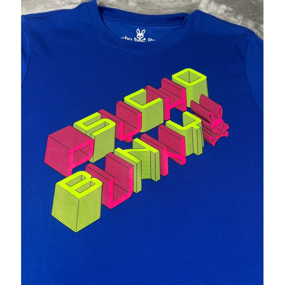 Psycho Bunny Mens Royal Blue Pima Cotton Neon 3D Graphic Tee Small - Picture 2 of 8